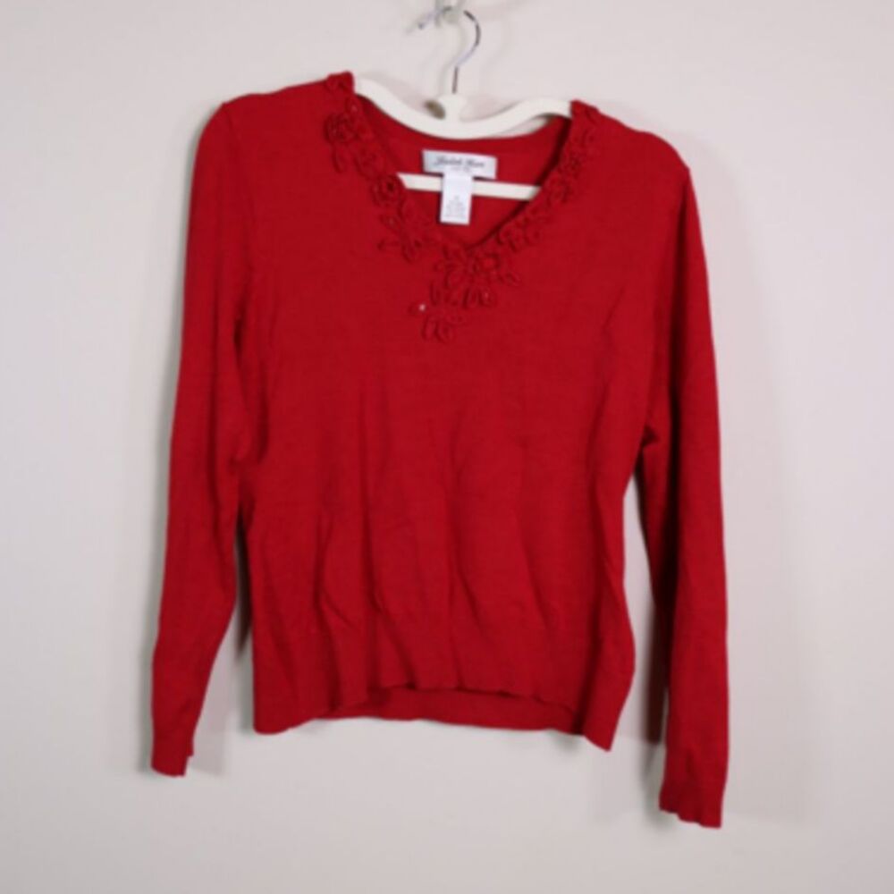 Judith Hart Petite Small Vintage Dark Red V Neck Beaded Sweater
